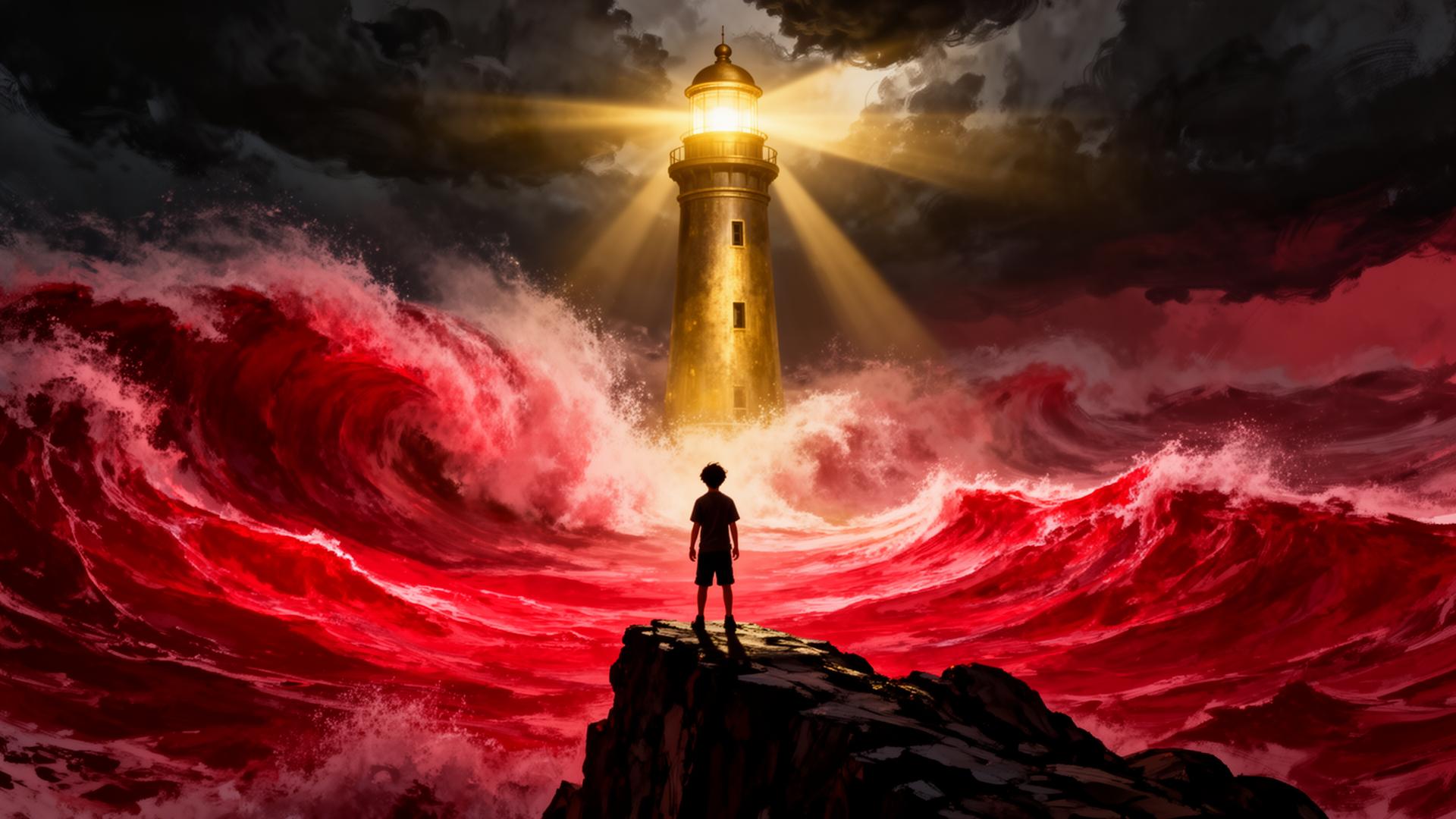 Crimson ocean waves crashing beneath a golden lighthouse beacon — a lone founder facing the storm